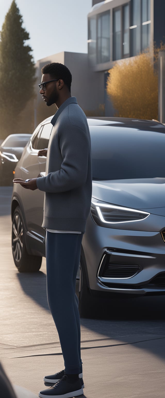 A person standing next to a car, dialing a phone number on their smartphone to cancel their OnStar subscription before returning or selling the vehicle